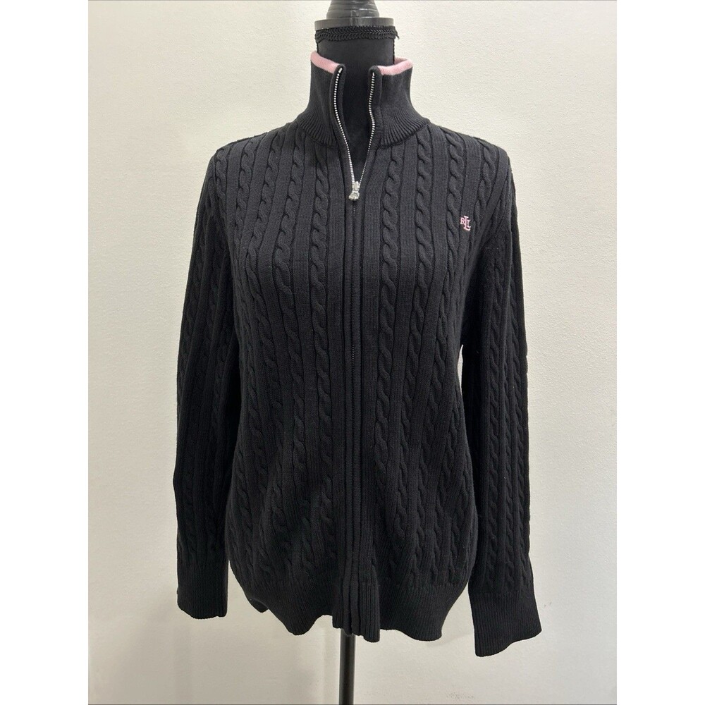 Lauren Ralph Lauren Womens XL Black Cable Knit Sweater Full Zip Pink Logo Y2K